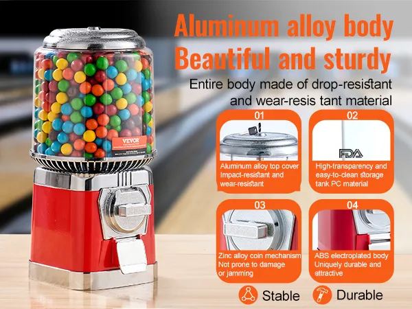VEVOR gumball machine with aluminum alloy body, filled with colorful gumballs, durable and wear-resistant.