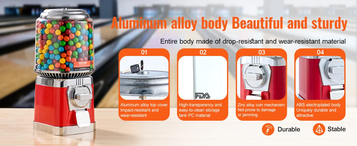 VEVOR gumball machine with aluminum alloy body, filled with colorful gumballs, durable and wear-resistant.