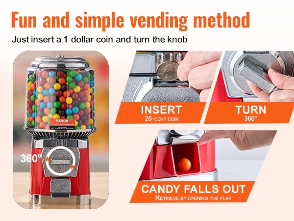 VEVOR gumball machine with colorful candies and a step-by-step guide for simple operation.