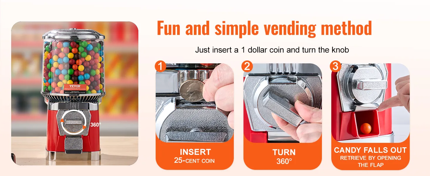 VEVOR gumball machine with colorful candies and a step-by-step guide for simple operation.