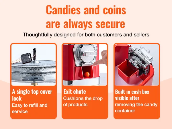 VEVOR gumball machine with single top cover lock, exit chute, and built-in cash box in a store setting.