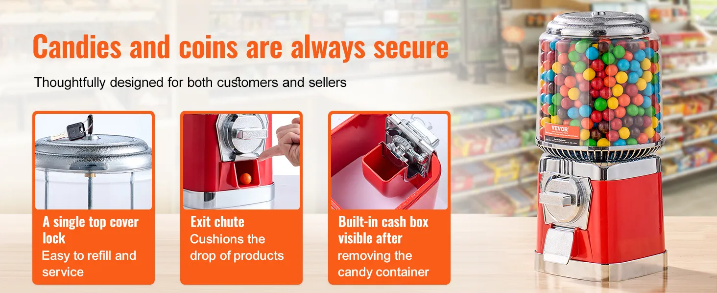 VEVOR gumball machine with single top cover lock, exit chute, and built-in cash box in a store setting.