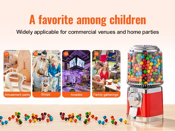 VEVOR gumball machine suitable for amusement parks, shops, arcades, and family gatherings.