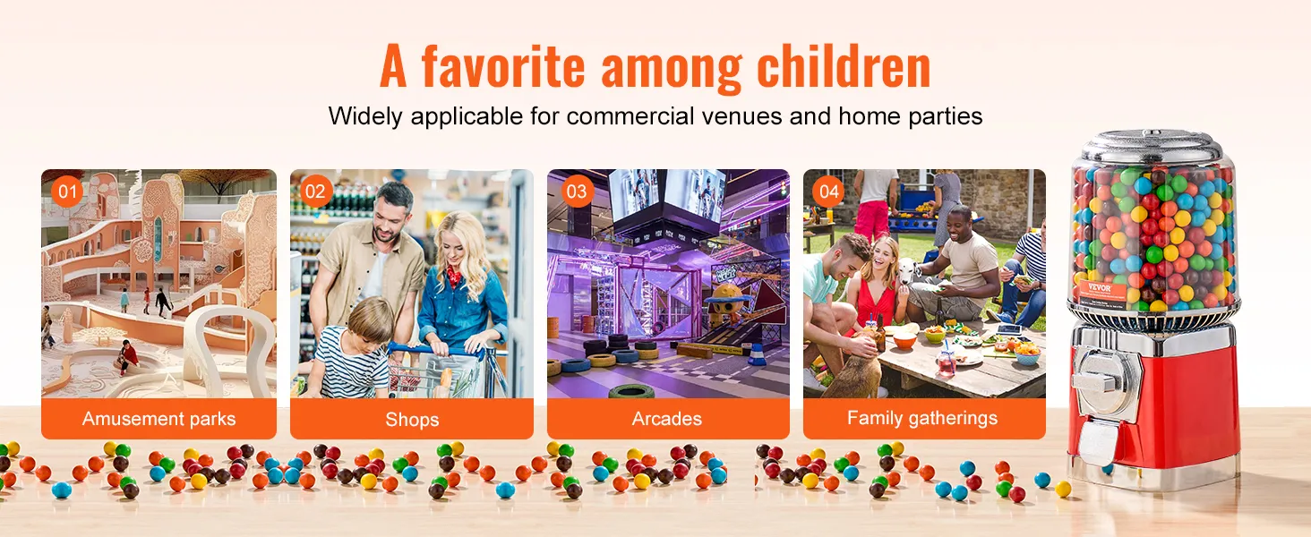 VEVOR gumball machine suitable for amusement parks, shops, arcades, and family gatherings.