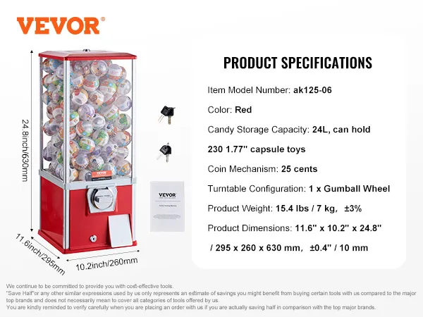 Máquina de chicles VEVOR con detalles de dimensiones, peso del producto y capacidad de almacenamiento de dulces.