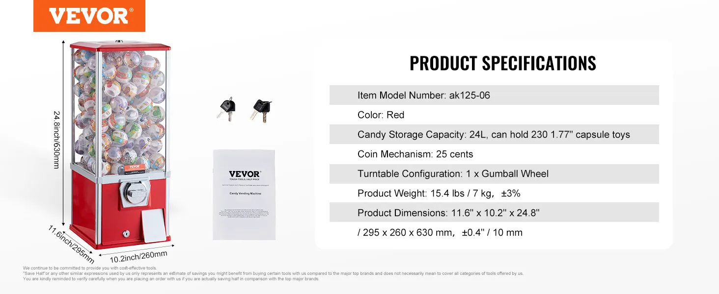 Máquina de chicles VEVOR con detalles de dimensiones, peso del producto y capacidad de almacenamiento de dulces.