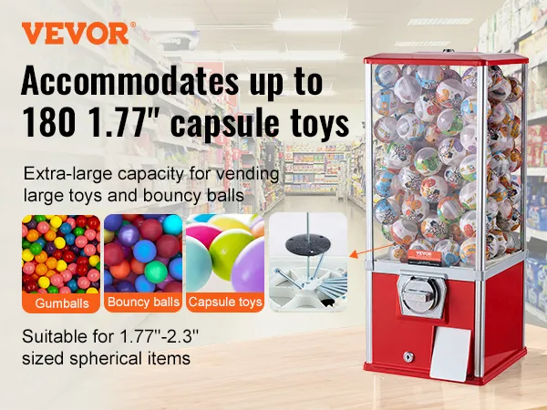 Máquina de chicles VEVOR para juguetes en cápsulas de 1,77" con capacidad extragrande, exhibida en el pasillo de una tienda.
