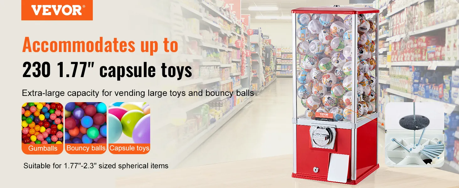 Máquina de chicles VEVOR para juguetes en cápsulas de 1,77" con capacidad extragrande, exhibida en el pasillo de una tienda.