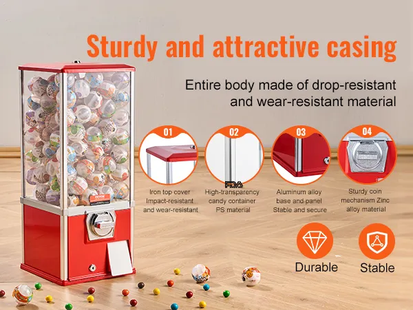 Máquina de chicles VEVOR con carcasa roja, recipiente para dulces transparente y mecanismo de monedas de aleación de zinc resistente.