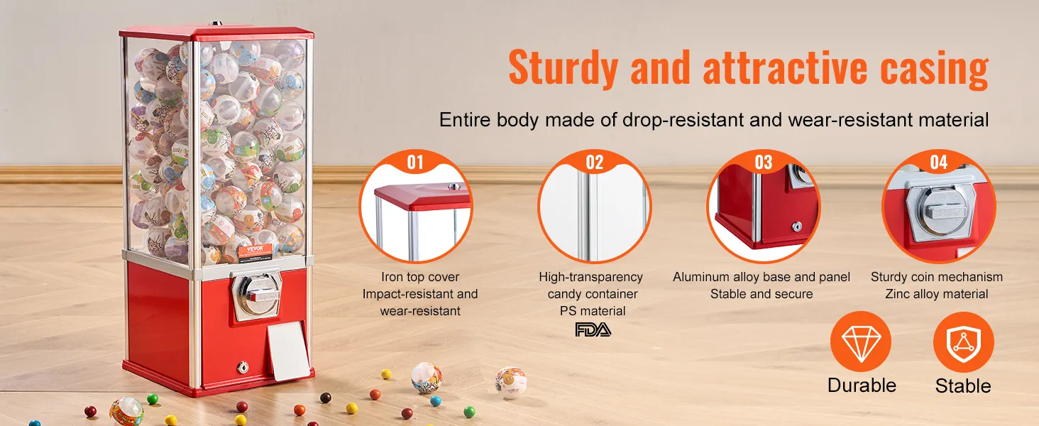 Máquina de chicles VEVOR con carcasa roja, recipiente para dulces transparente y mecanismo de monedas de aleación de zinc resistente.