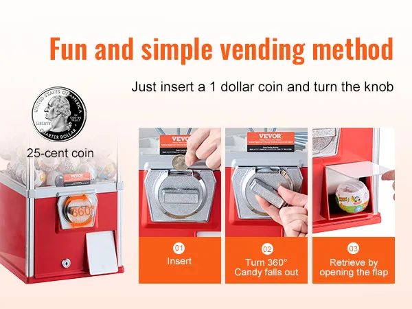 Máquina de chicles VEVOR: inserte una moneda de 25 centavos, gire la perilla 360° y recupere los dulces de la solapa.