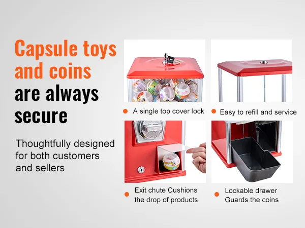 La máquina de chicles VEVOR cuenta con una cubierta superior con cerradura, un conducto de salida para productos y un cajón seguro para monedas.