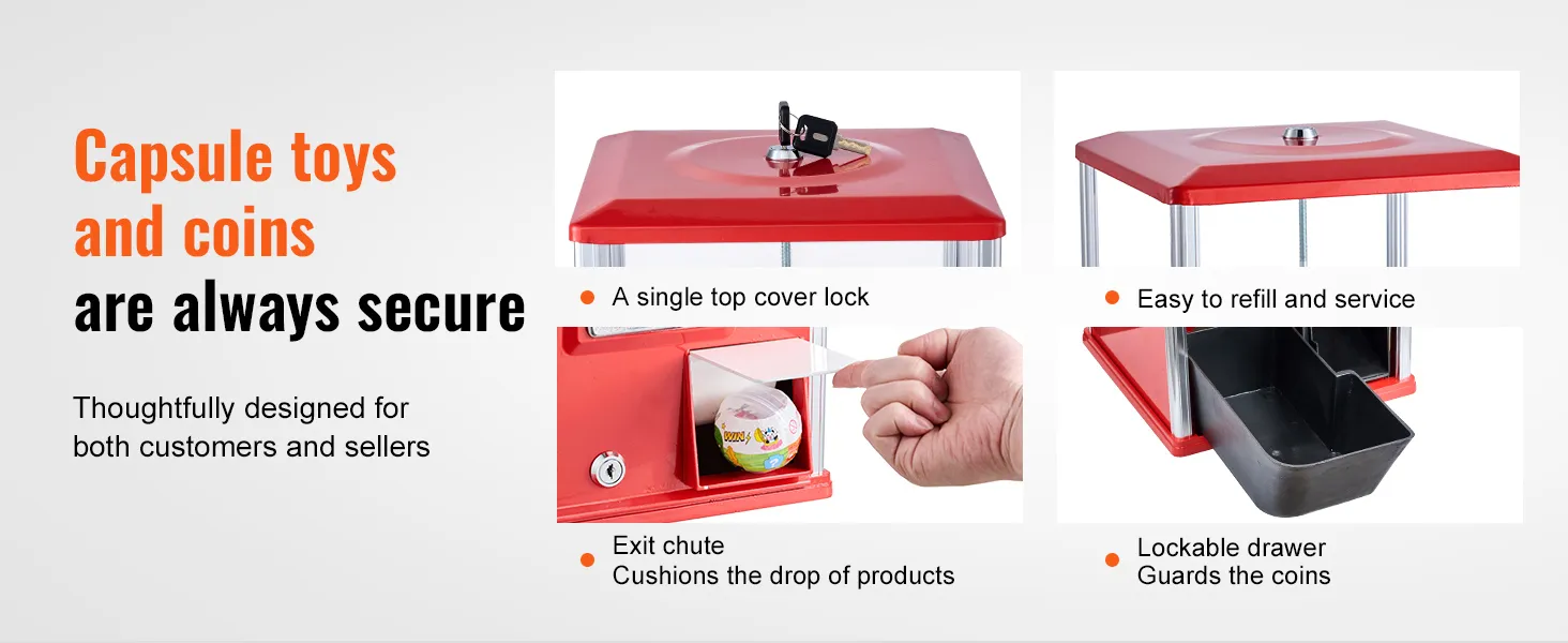 La máquina de chicles VEVOR cuenta con una cubierta superior con cerradura, un conducto de salida para productos y un cajón seguro para monedas.