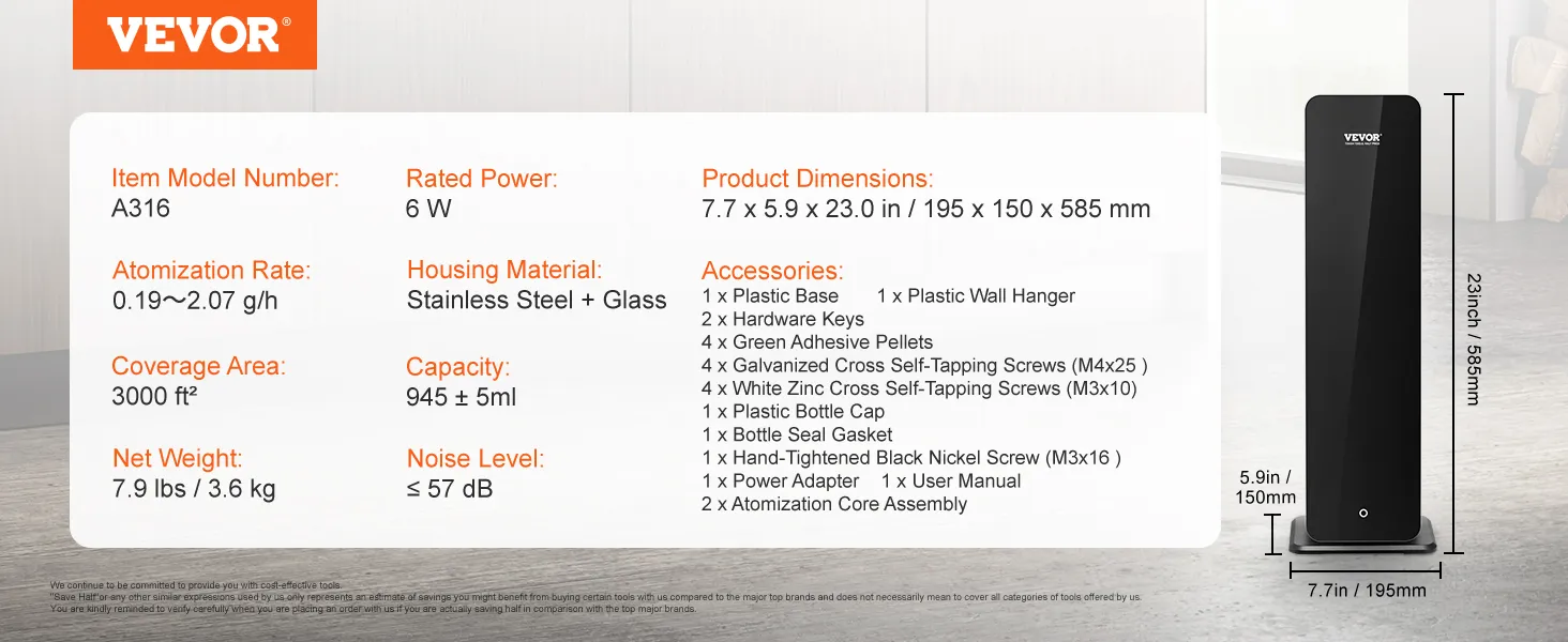 Diffusore di fragranze VEVOR con copertura di 284 m², tasso di nebulizzazione di 0,19-2,07 g/h e peso di 3,3 kg.