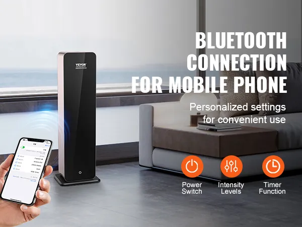 Diffusore di fragranze VEVOR con connessione Bluetooth, esposto in un moderno soggiorno.