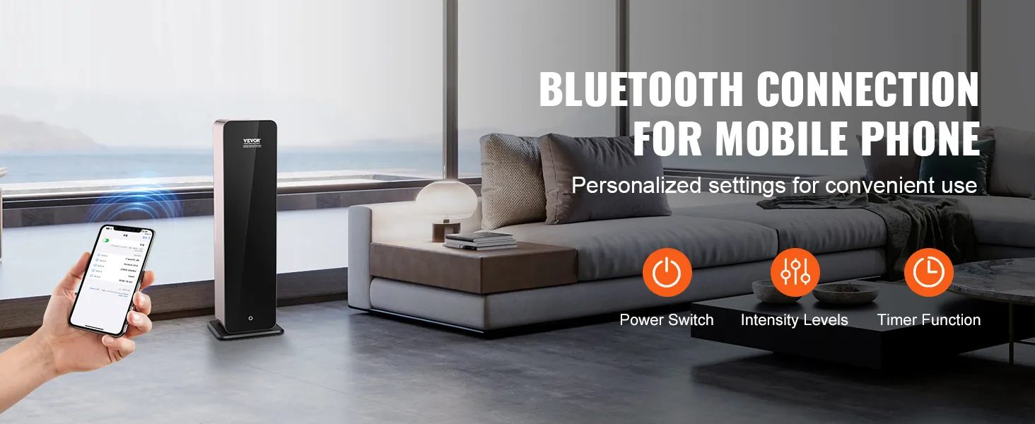 Diffusore di fragranze VEVOR con connessione Bluetooth, esposto in un moderno soggiorno.