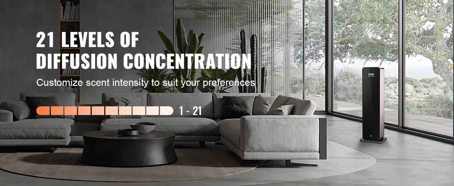 soggiorno moderno con ampie finestre, divani grigi, piante e un diffusore di fragranze VEVOR con 21 livelli.