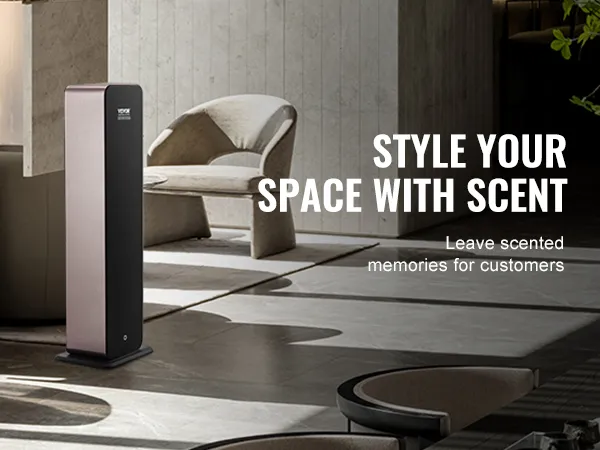 Diffusore di fragranze VEVOR in una stanza moderna con mobili minimalisti e verde, che migliora l'atmosfera.