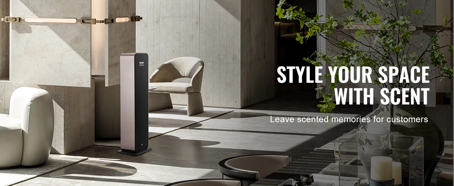 Diffusore di fragranze VEVOR in una stanza moderna con mobili minimalisti e verde, che migliora l'atmosfera.