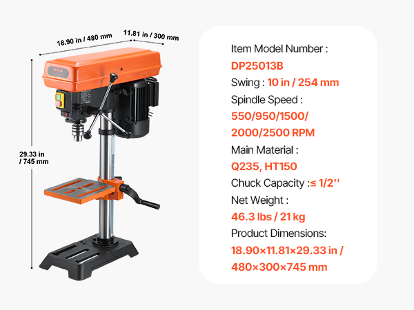 VEVOR 10 Inch Drill Press – 610-2800 RPM, 5 Speed Machine