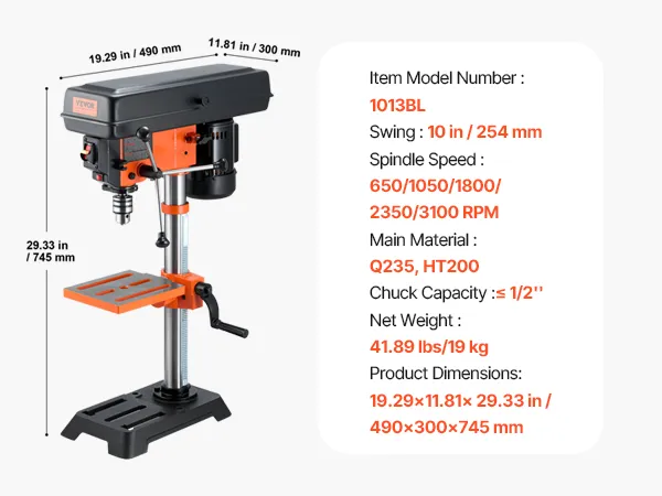 Especificaciones del taladro de banco VEVOR con contenido del paquete y dimensiones en una exhibición del producto.