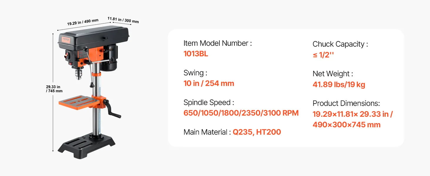 Especificaciones del taladro de banco VEVOR con contenido del paquete y dimensiones en una exhibición del producto.
