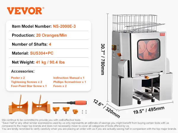 VEVOR orange juicer machine ns-2000e-3, processes 20 oranges/min, sus304+pc, 41 kg with accessories.