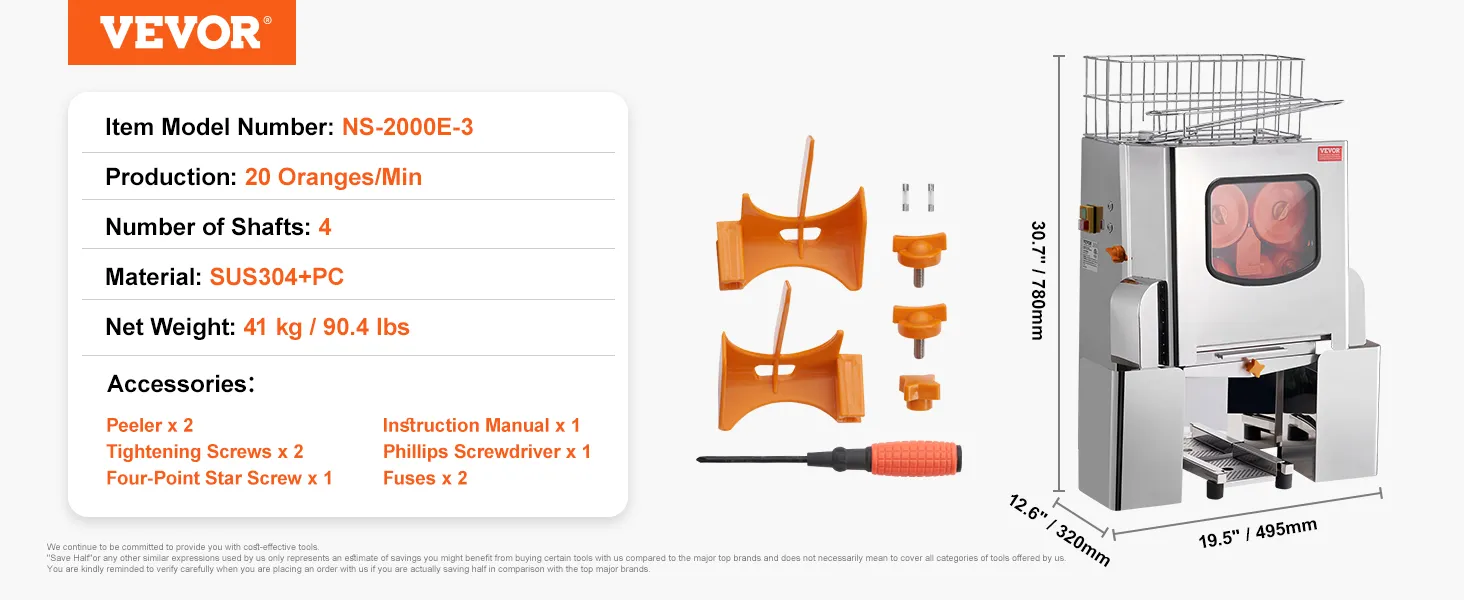 VEVOR orange juicer machine ns-2000e-3, processes 20 oranges/min, sus304+pc, 41 kg with accessories.