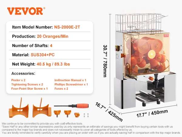 Spremiagrumi VEVOR, sus304+pc, 20 arance/min, 4 alberi, kit accessori incluso.