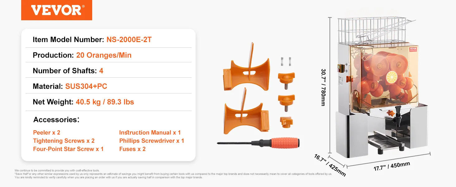 Spremiagrumi VEVOR, sus304+pc, 20 arance/min, 4 alberi, kit accessori incluso.