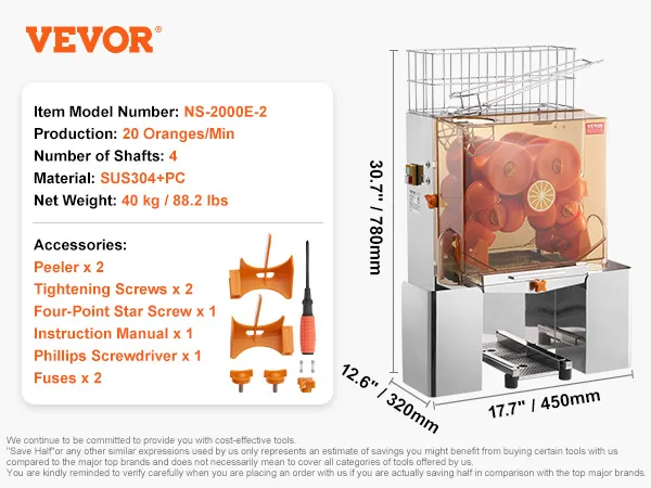 Spremiagrumi commerciale VEVOR, articolo ns-2000e-2, con dimensioni e accessori visualizzati.