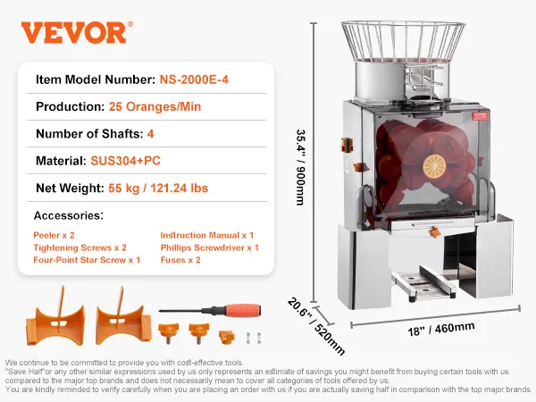 Spremiagrumi VEVOR con accessori; produce 25 arance/min, materiale sus304+pc, 55 kg.