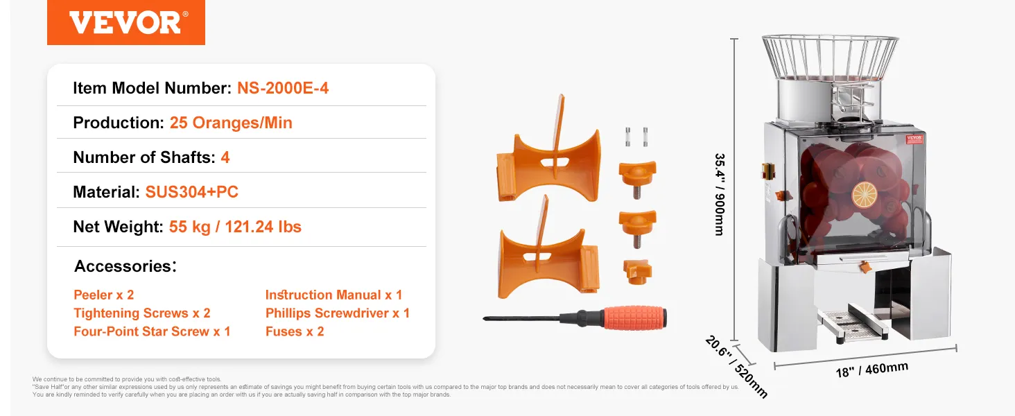 Spremiagrumi VEVOR con accessori; produce 25 arance/min, materiale sus304+pc, 55 kg.