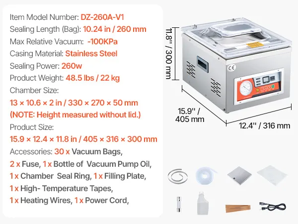 VEVOR Chamber Vacuum Sealer, DZ-260A 6.5 m³/h Pump Rate, Excellent Sealing Effect with Automatic Control, 110V Kitchen Packaging Machine for Fresh Meats, Fruit Saver, Home, Commercial Using