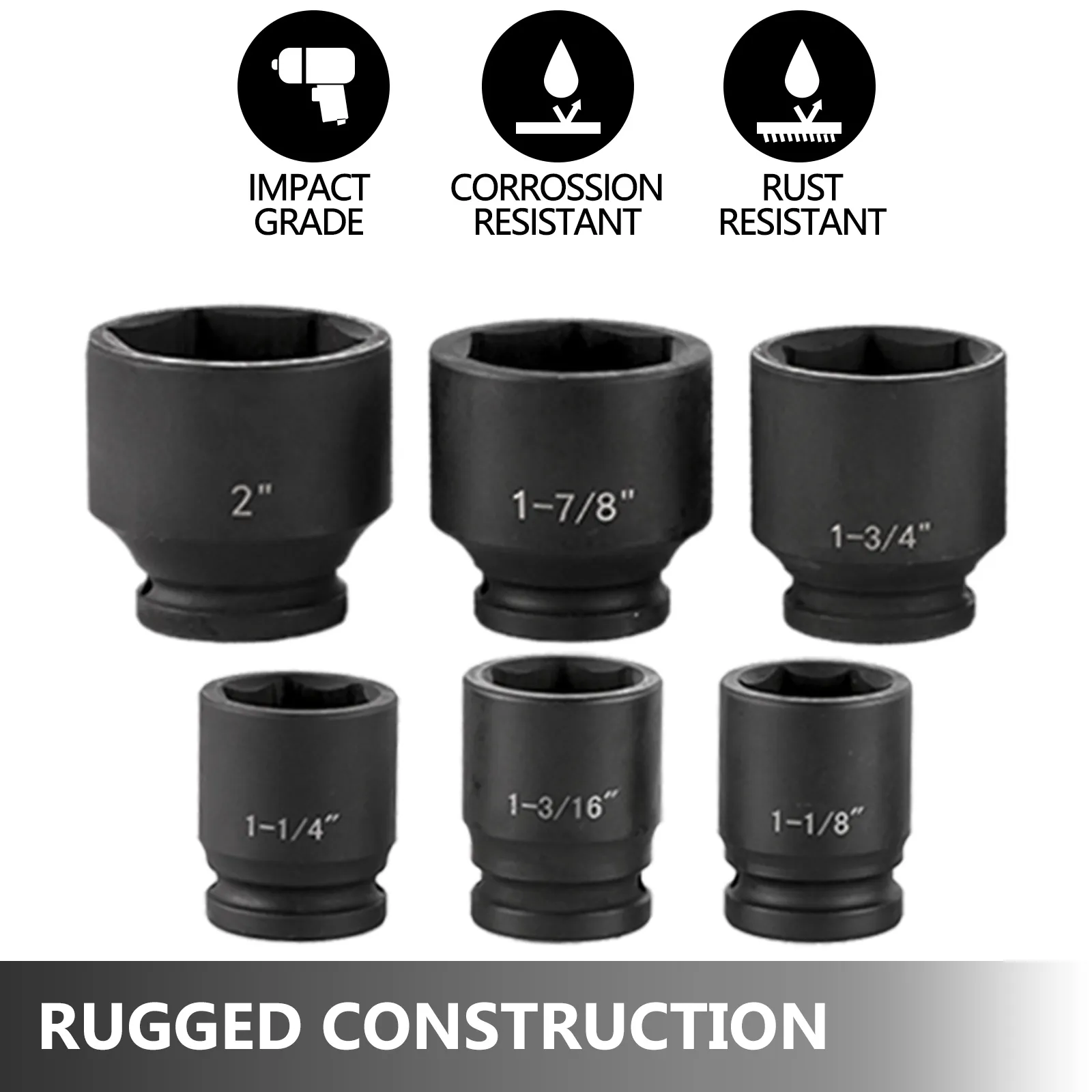 VEVOR impact socket set, corrosion and rust-resistant, various sizes, rugged construction.