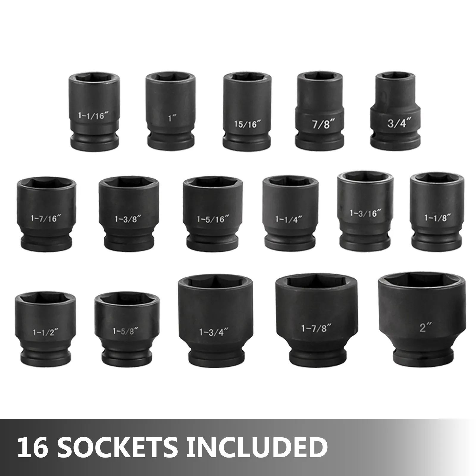 VEVOR impact socket set with 16 included sockets in various sizes.