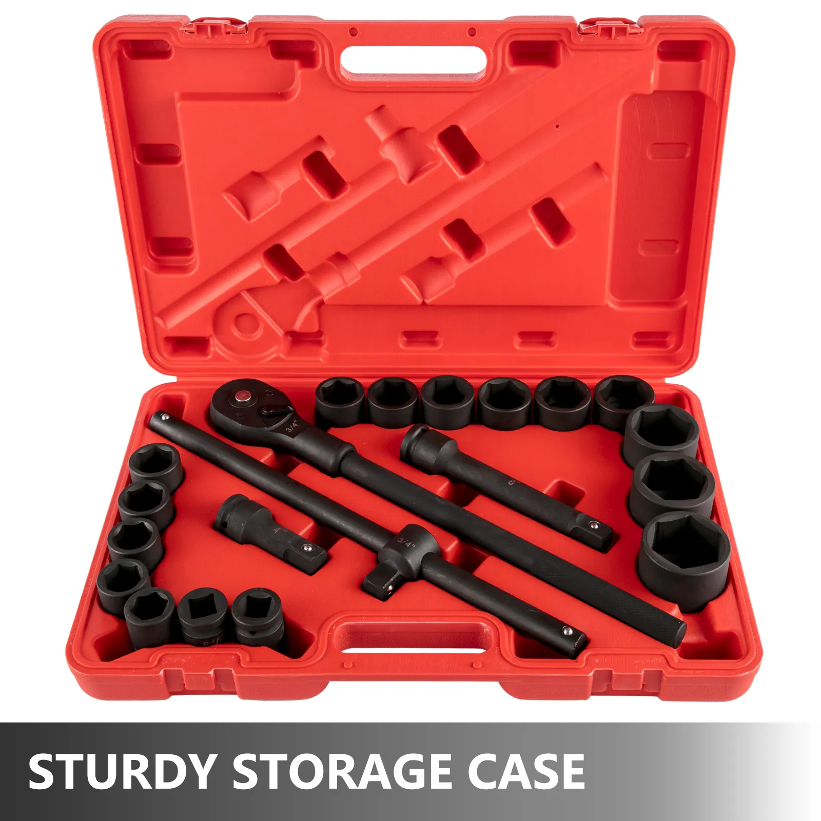 VEVOR impact socket set in red plastic storage case with assorted sockets and accessories.