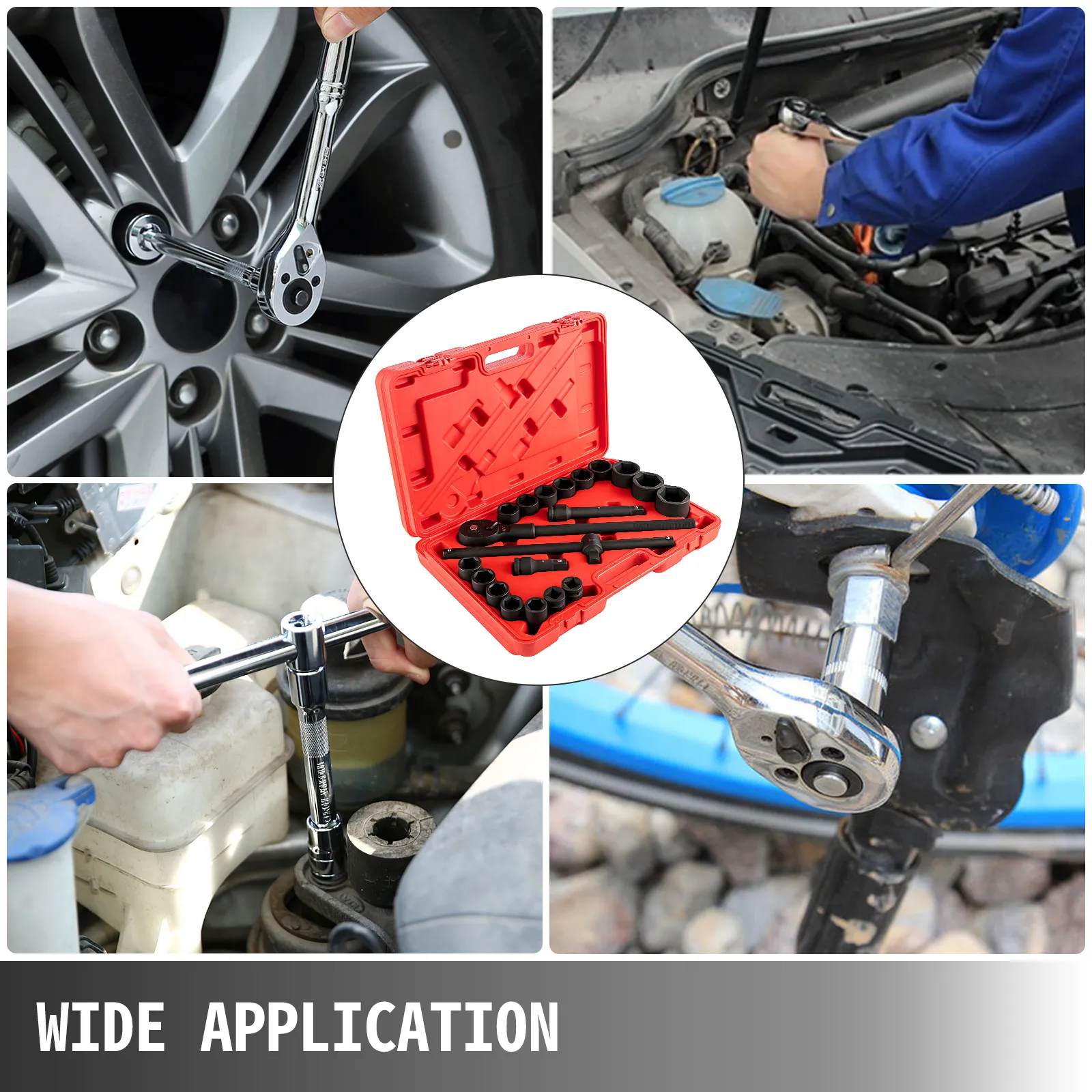 VEVOR impact socket set used for car maintenance in various applications.