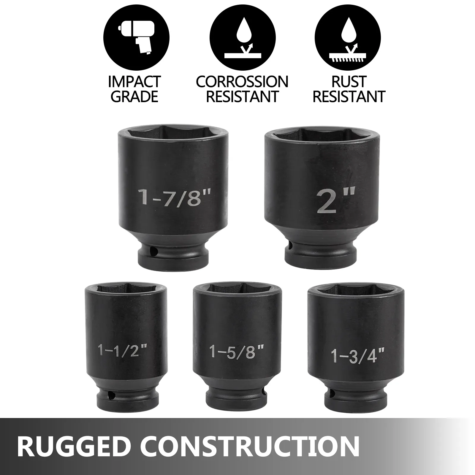 VEVOR impact socket set showcasing five socket sizes with rugged construction.