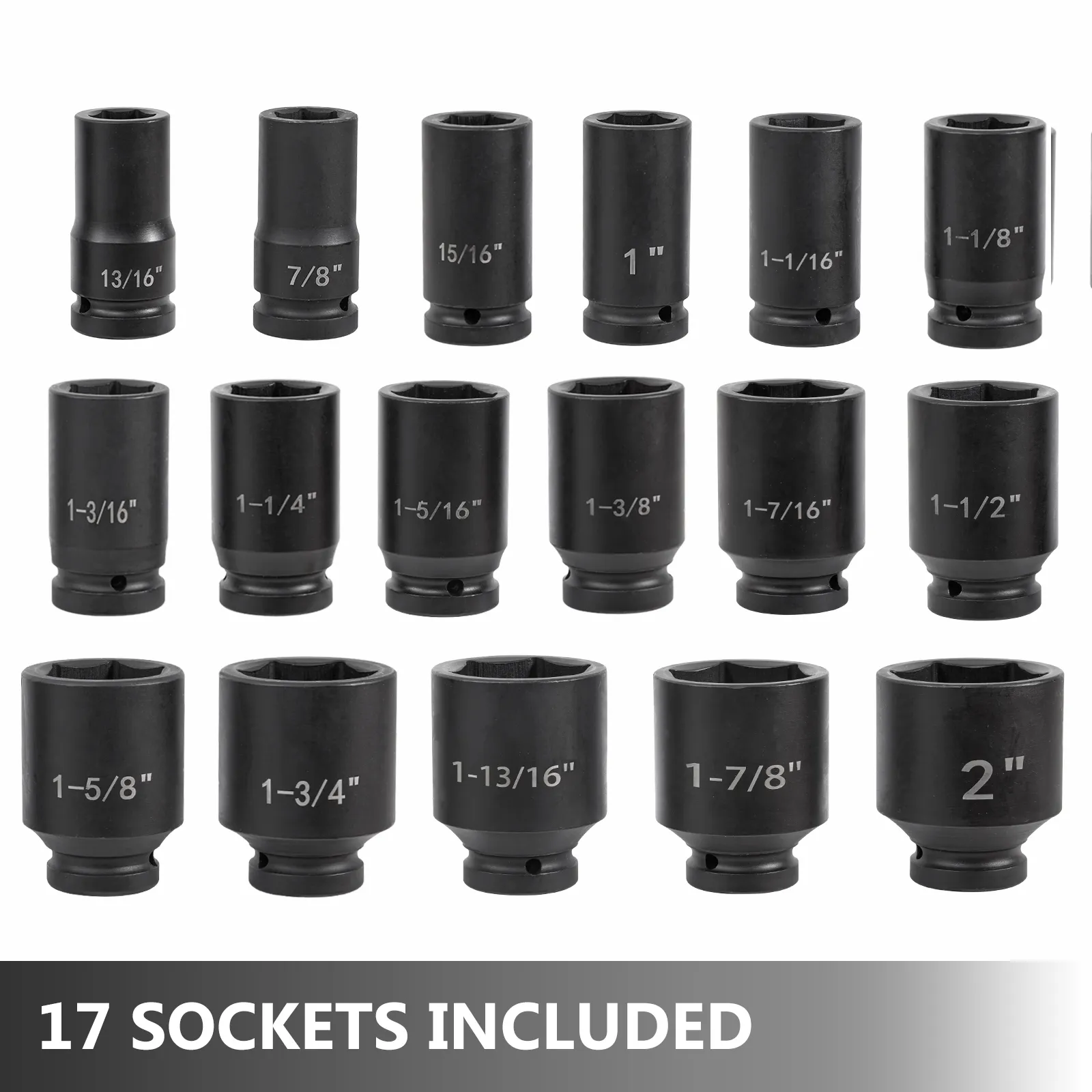 VEVOR impact socket set with 17 assorted sizes for versatile use.