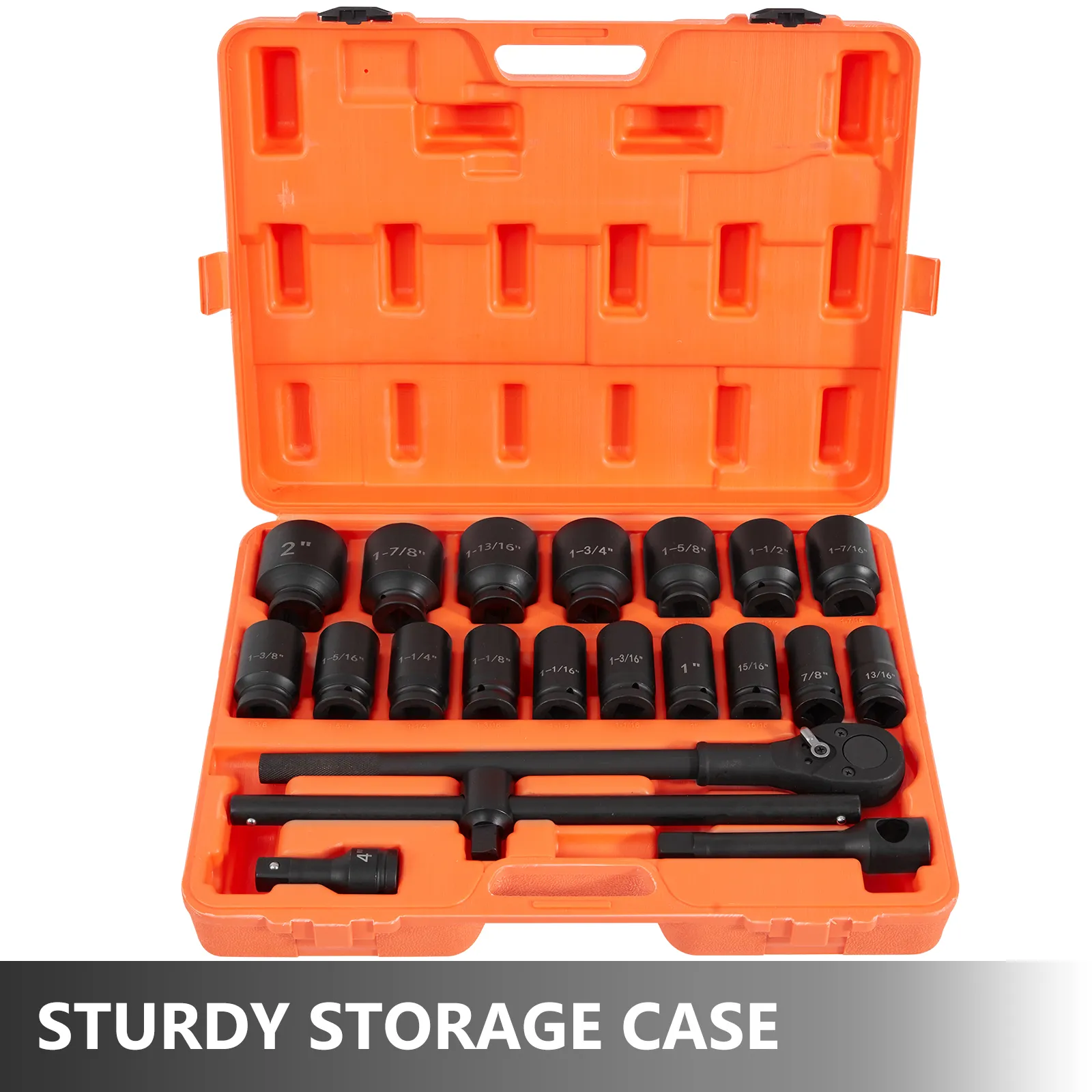 VEVOR impact socket set in sturdy orange storage case with assorted sockets.
