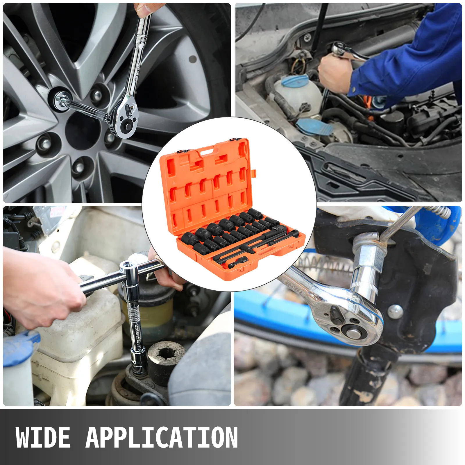 VEVOR impact socket set in use for automotive repairs with wide application.