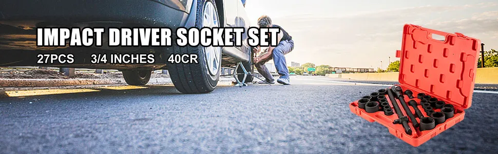 Juego de vasos de impacto VEVOR y coche en la carretera con una persona cambiando un neumático.