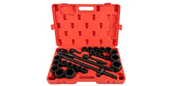 red storage case with VEVOR impact socket set, including various sockets and accessories.