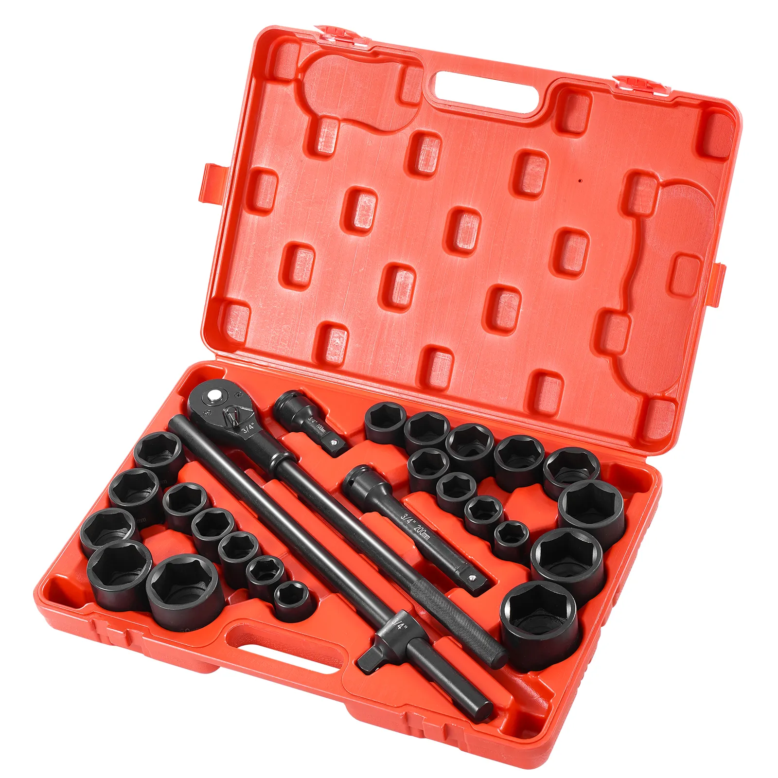 VEVOR impact socket set in red case, includes various sizes for automotive use.