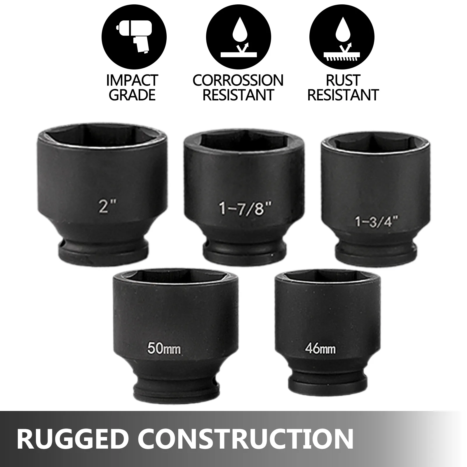 VEVOR impact socket set, corrosion and rust resistant, various sizes, rugged construction.