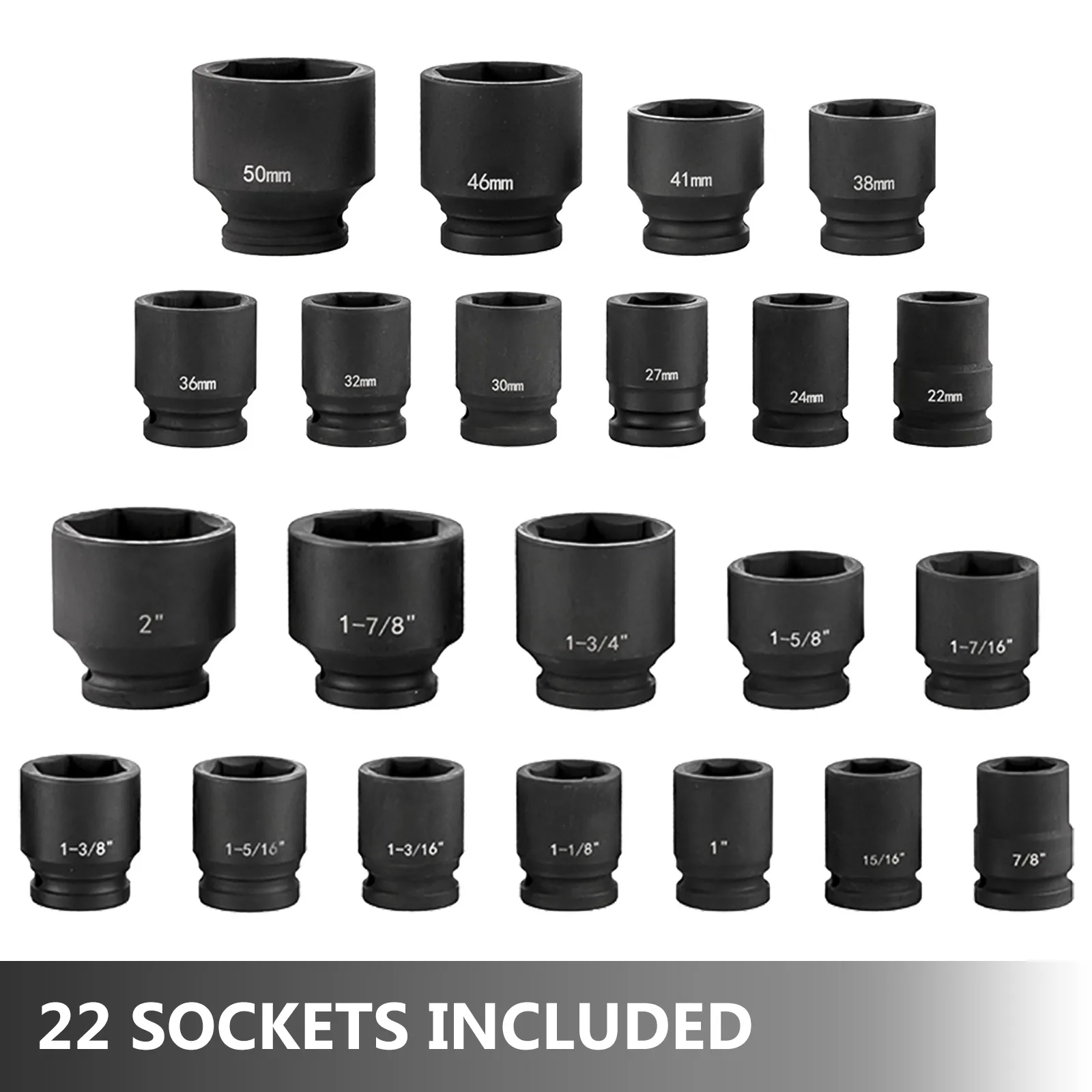 VEVOR impact socket set, 22 pieces, sizes labeled in millimeters and inches.