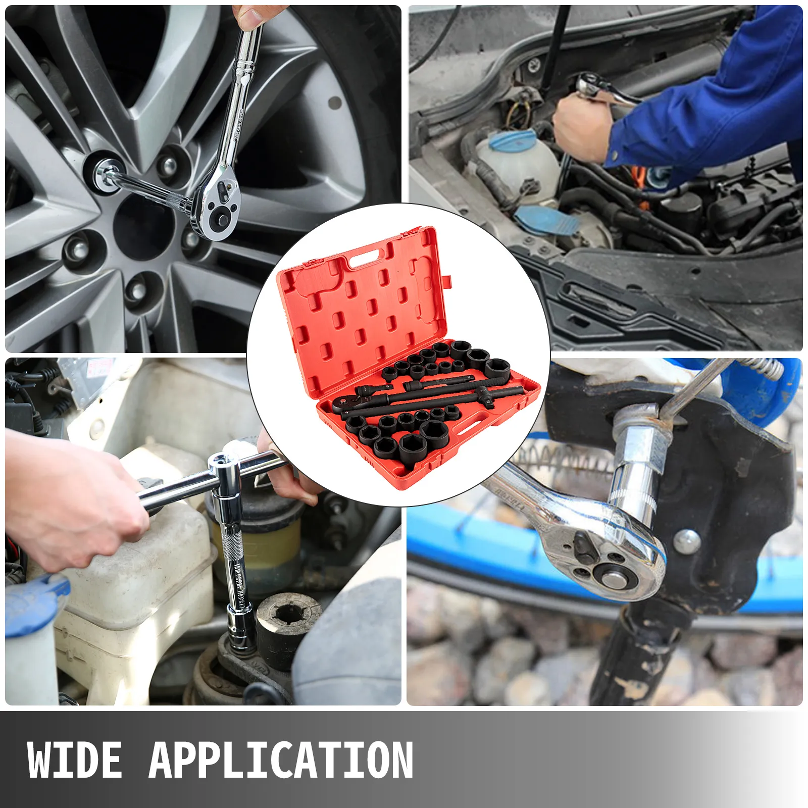 VEVOR impact socket set in use for automotive and mechanical repairs.