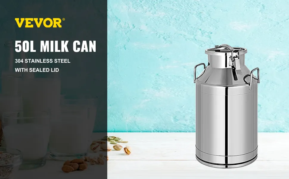 Bidone del latte VEVOR in acciaio inox da 50 litri con coperchio sigillato su sfondo blu.