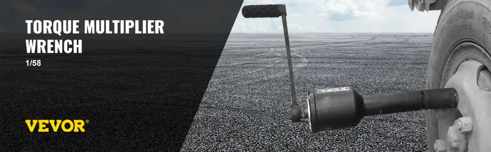 Llave multiplicadora de torsión VEVOR en uso en un neumático de vehículo sobre una superficie texturizada.